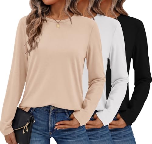 Ekouaer 1/3er Pack Langarmshirt Damen Basic Longsleeve Weich Tshirt | Langarm T Shirt, Rundhals Oberteile, Lässig Tops, Herbst Winter Unterziehshirt, Bequem & Leicht, Alltag, Büro