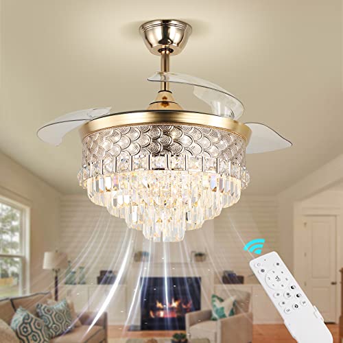 Frixchur Gold Crystal Fandelier Ceiling Fan With Light And Remote Modern Led Retractable Blades Chandelier Ceiling Fan For Bedroom Living Room Dining Room,6 Speed Dimmable #TOP17