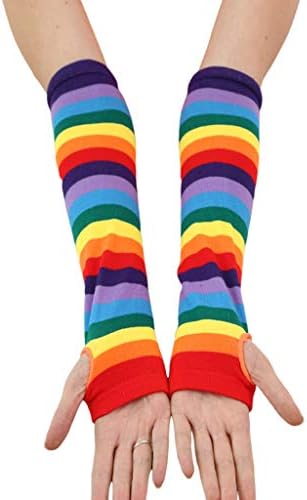CADANIA Women Girl Knitted Over Elbow Long Arm Warmers US Flag Rainbow Stripes Patchwork Fingerless Gloves with Thumb Hole Party Costume 6#