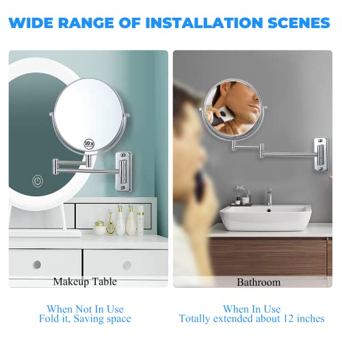 Mumianshu Makeup Mirror Wall Mounted, 1X/ 10X Magnifying Makeup Mirror, 8" Double Sided Make Up Mirror With 360 Degree Swivel Extendable Arm, Home Bathroom Shaving Vanity Mirror (Chrome) #TOP6