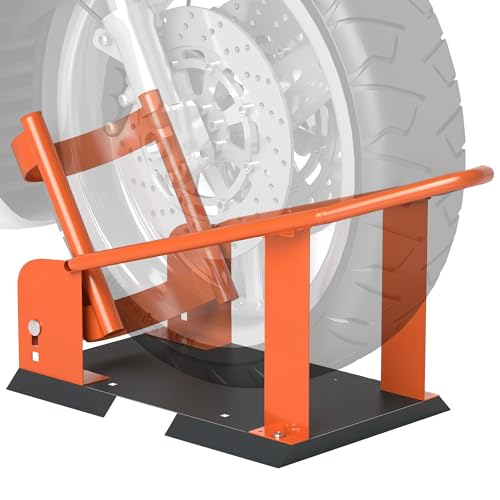 HOMCOM Motorcycle Wheel Chock, 816.5 kg Capacity Heavy Duty Steel Motorcycle Front Wheel Chock Holder with 3 Height Adjustable Holes, Fits 381-533.4 mm Wheels, Orange