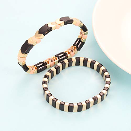 Tile Enamel Bracelet Set Tila Chevron Arrow Rectangle Elastic Stretchy Beaded Bracelet Colorblock Stackable Bracelet For Woman Gift (A) #TOP7