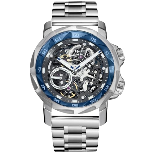 FEICE FM511 Men's Automatic Skeleton Watch, Luxury Sapphire Crystal Glass Blue Dial Luminous Hands, 5ATM Waterproof Sport Wristwatch with Silicone Strap for Men, Casual Mechanical Watches for Men
