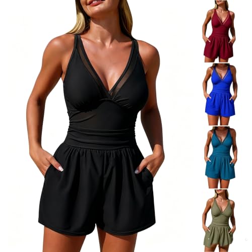 Image of Women's One Piece Swimsuit V Neck Swimming Costume with Shorts Zipper Up Modest Mesh Panel Swimming Suits Athletic Surfing Swimwear Slim Fit Tummy Control Bathing Suit with Pockets Black