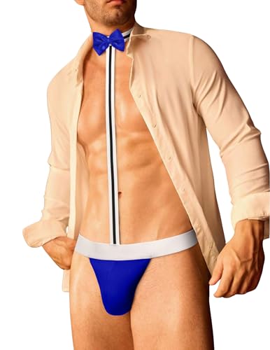 Avidlove Men's Sexy Mankini Thong Swimsuit Suspender Swimwear Mens Low Rise Lingerie with Bow Tie Blue Medium(Refer to the updated sizes)