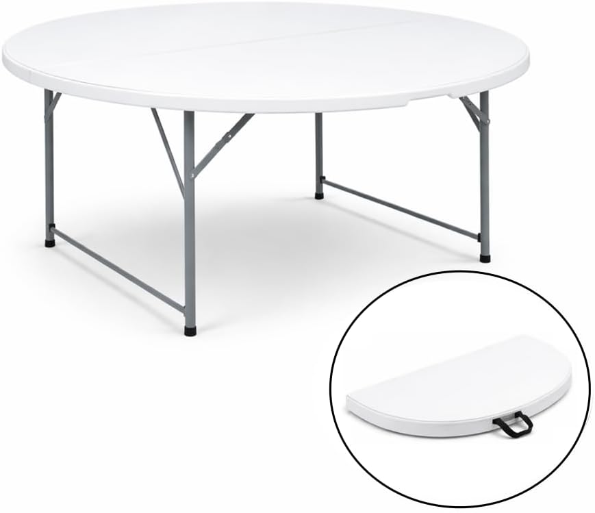Naomi Home 5ft Round Folding Table, 60 inch Heavy Duty Bi-Fold Portable Plastic Round Card Table with Steel Frame & Built-in Handle for Party, Dining, Events Indoor and Outdoor use, White, Pack of 1