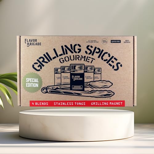 Flavor Brigade Gourmet Grilling Spices Gift Set for Guys, Dad, Men, BBQ Grill Accesories, Smoker, Seasonings, Rub, Steak, Burgers, Chicken, Fish & Stainless Tongs (4 Bags, 7 Piece Set)