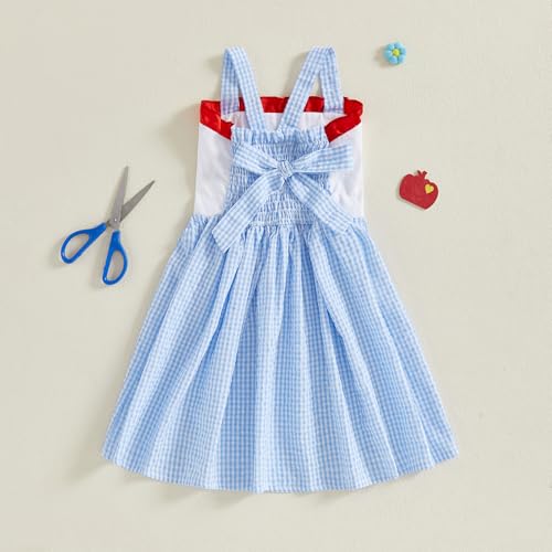 Little Girls Back to School Straps Dress Summer Ruffle Seersucker Gingham Smocked Dress First Day of School Outfit3