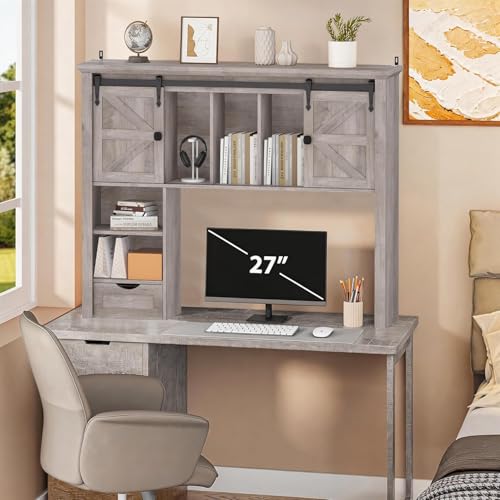 Image of Large Desktop Bookshelf with Sliding Barn Door, 47.2''W Desk Shelf Display Rack, Desktop Organizer Storage Rack with 7 Cubbies and Drawer, Home, Desk Shelf for Office, Dorm, Vanity, Oak