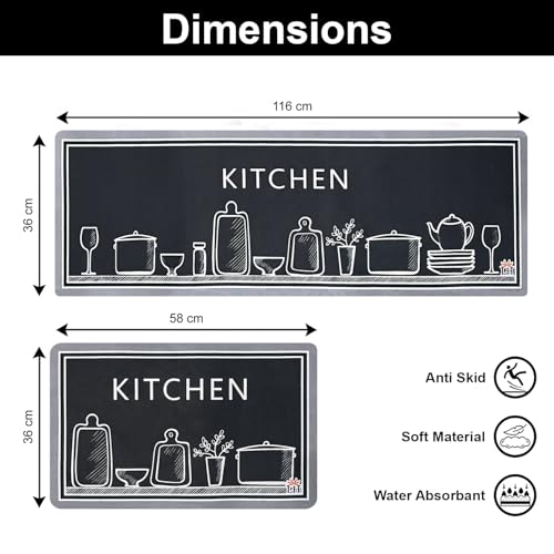 Image of Luxe Home Kitchen Mat Combo Kitchen Design Standing Desk Floor Mat Non Slip Kitchen Rugs, Comfort Runner Floor for Home Office, Sink & Laundry - Grey (116x36 & 58x36 cm PC-2)