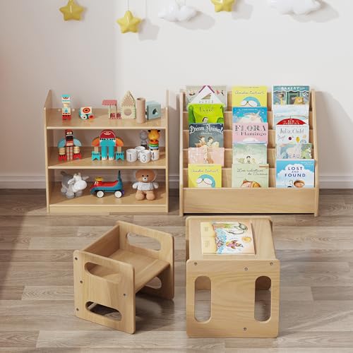 Image of Front-Facing Montessori Bookshelf,5 Tier Book Display Shelf for Toddler,Kids Storage Magazine Rack,Solid Wood Bookcase Organizer,Perfect for Playroom,Bedroom,Study Living Room,Nursery,Classroom