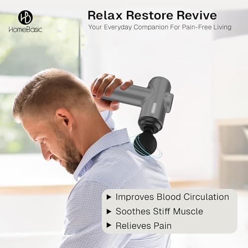 Image of HomeBasic Muscle Mate Massage Gun for Full Body Muscle Relaxation | Deep Tissue Percussion Massager Gun with 8 Heads, 6 Speed Levels, 3200 RPM | USB-C Rechargeable Body Massager for Neck, Back, Shoulder & Legs (Grey)