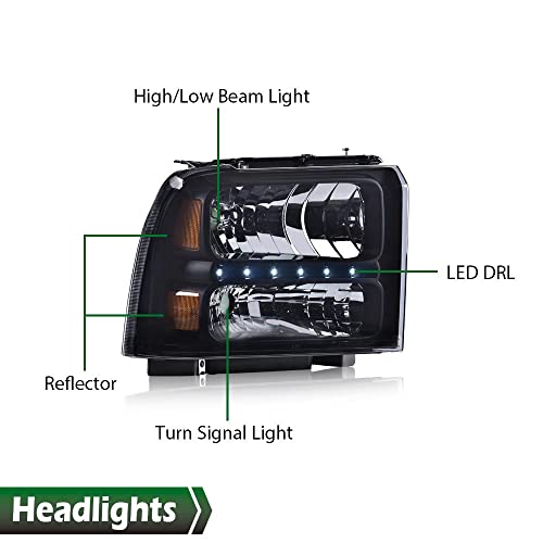Image of GRAND ORANGE LED DRL Headlights Assembly, Compatible with 2005 2006 2007 Ford F250 F350 F450 F550 Super Duty bumper Headlamp, Amber Corner Headlight(Smoky lens Black Housing Amber Reflector)