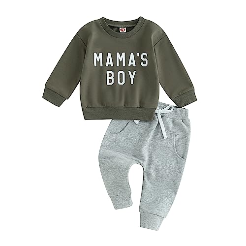 Image of Toddler Baby Boy Clothes Mamas Boy Fall Winter Outfit Long Sleeve Letter Sweatshirt Plaid Jogger Pants Newborn Set