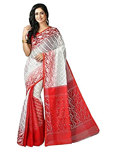 Sari Jamdani para la Fiesta Holi Vestido Blanco y Rojo de Algodón Suave Celebración de Primavera
