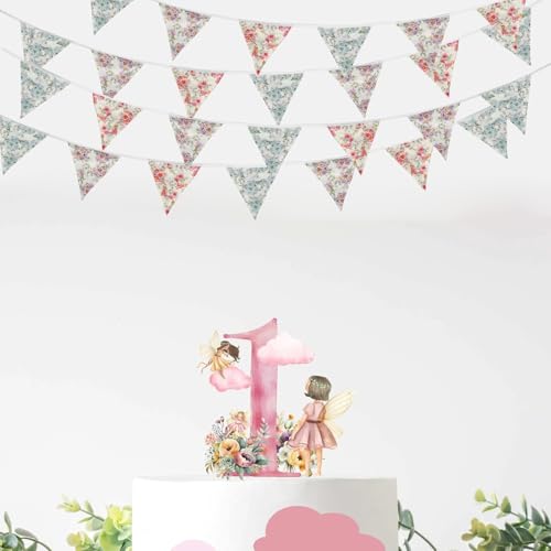 Image of Zwiebeco 32Ft Vintage Flowers Fabric Pennant Banner Triangle Flags Cotton Retro Floral Bunting Party Decorations for Birthday Engagement Wedding Baby Shower Spring Rustic Village Home Garden Decor