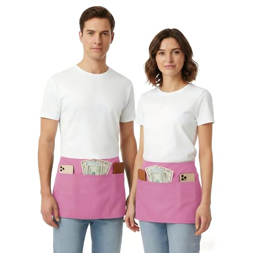 Image of BOHARERS Pink Waitress Apron for Women with 3 Pockets - Durable Server Aprons for Restaurant Waterproof Oilproof