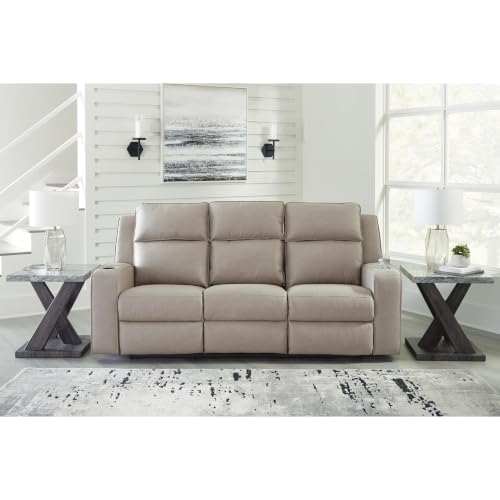 Image of Signature Design by Ashley Wall Hugger Reclining Sofa with Drop Down Table | Pebble gray faux leather, Contrast jumbo stitching, Drop down table with USB ports, 3 in wall distance, Lavenhorne Series