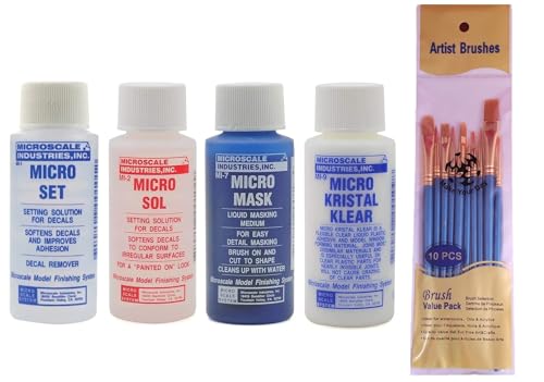 Microscale Industries Bundle with Micro Set Micro Sol Micro Mask Micro Kristal Klear 1 oz. Bottles (Pack of 4) and Make Your Day Paintbrush Set