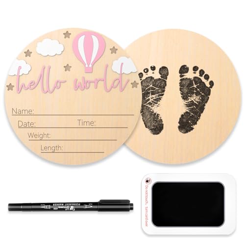 Image of Baby Announcement Sign, Hello World Newborn Sign for Hospital, Newborn Photography Props for Nursery, Pink Hot Air Balloon and Cloud Decoration, Welcome Sign with Marker Pen and Ink Pad for Baby Shower