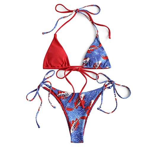 YOMINSI Damen Bikini Set Verstellbare Bademode Kordelzug Bikini Sets Triangel Rückenfrei Bikinioberteil Beachwear Blumenmuster Zweiteiliger Badeanzug Neckholder Bikinihose Swimsuit Cover