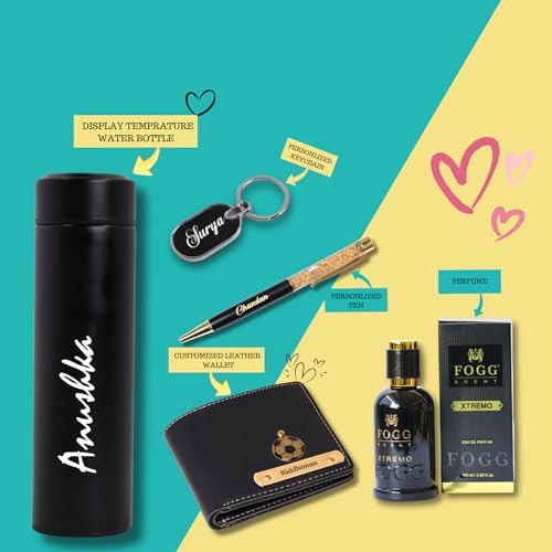 Image of Personalized Name & Charm Leather Mens Wallet Combo | Gifts for Men Husband Boyfriend Staff Employees Clients Colleagues Friend (Wallet,Pen,Keychain,Bottle&Perfume)