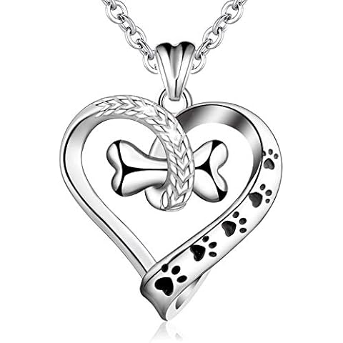 EUDORA 925 Sterling Silver Necklace Cute Dog Paws with Bone, Heart Shape Pendant 18", Gift for Dog Owner Cover