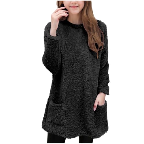Sweaters for Teen Girls Cozy Fall Crewneck Fuzzy Sweater Long Solid Sleeve Warm Fleece Pullover Tops with Pockets