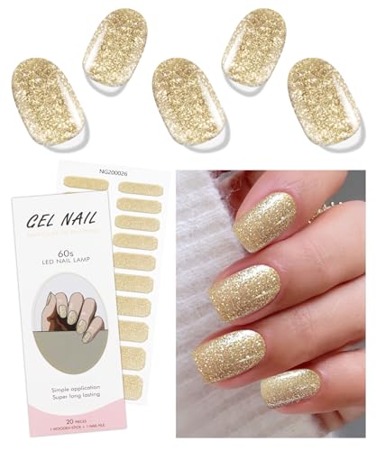JMEOWIO Gel Nail Stickers Glitter Gold Christmas Semi Cured Gel Nail Strips Wraps UV/LED Nails Art Design Decoration Accessories