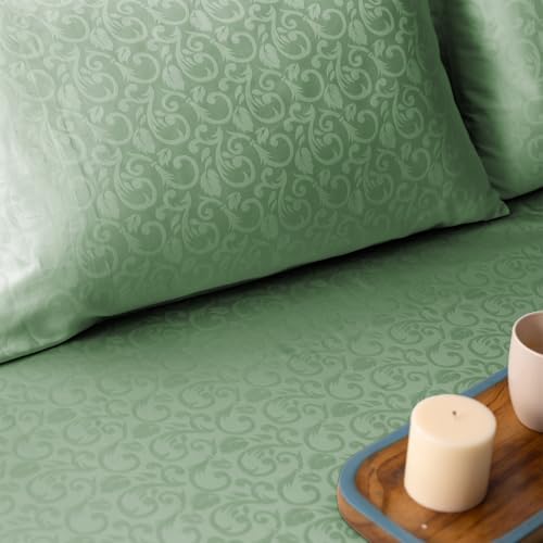 Image of Blue Dahlia 100% Cotton, Queen Size Elastic Fitted Bedsheet (60 inchx78 inch) + 2 Pillow Covers, Fits Upto 10 inch Mattress, 300TC Premium Bedsheet, Blooming Coral Jacquard Pattern - Sage Green