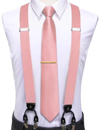 Image of Hi-Tie Men's Suspenders and Tie Set Silk Adjustable Elastic Y Braces with Strong 6 Clips Pocket Square Set