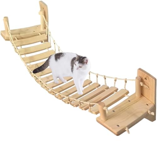 Barkolau 壁掛け式の猫がけです 猫用ジャングルジムです 無垢材の壁掛けです 無垢材の一体型ジャンプ台です 猫 吊り橋 木製 ハンモック 遊び場 ストレス解消 キャットウォーク タワー 猫ベッド 壁掛け用 運動不足解消 組み立て簡単 (50cm)