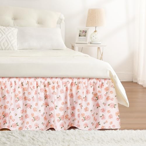 Pink Rose Bed Skirt Queen 15" Drop, Elastic Wrap Around Bedskirt