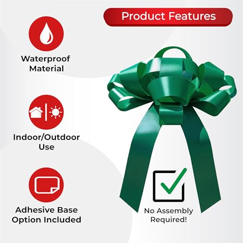 Image of CarBowz Big Car Bow for Car Decorations and Birthday Car Gifts, Large Bow Ribbon, Magnet, Car Safe Sticker Included, Fully Assembled 30 inch Wide Huge Bow, No Suction Cup Needed (Green)
