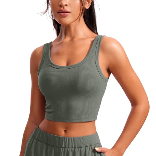 CRZ YOGA Womens Ribbed Longline Sports Bra - U Neck Padded Yoga Cami Workout Crop Tank Top Built in Pads