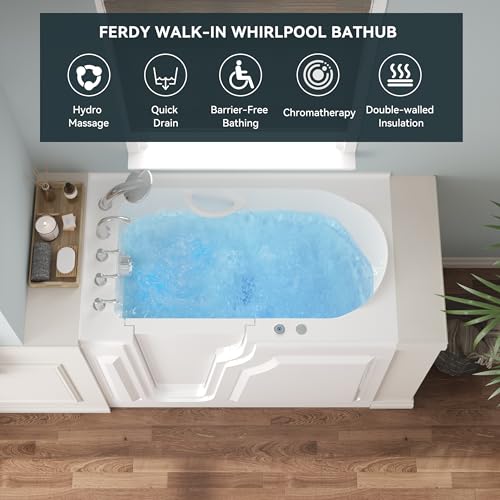 FerdY Floridian 52\"x 30\" Walk-in Whirlpool Bathtub with 14 Water SPA Jets and Left-Side Door Opening and Quick Fill and Drain System, Rectangular Soaking Bathtub in White - Thumbnail 3