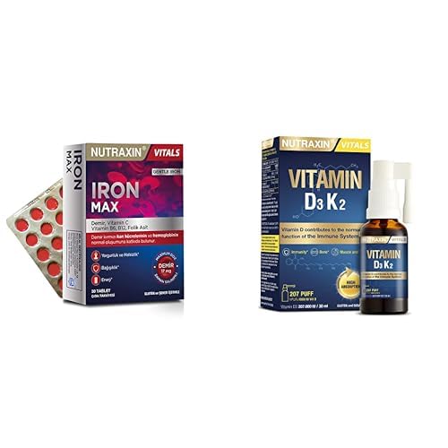 Nutraxin Iron Max 30 Tablet – Demir, C Vitamini, Folik Asit ve B12 Vitamini İçeren Takviye + Nutraxin D3K2 Vitamin 30 Ml