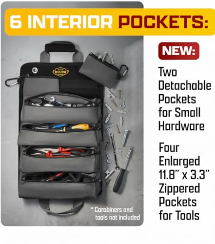 Image of Ryker Original Heavy Duty Roll Up Tool Bag Organizer w /Detachable Pouches | Small Tool Kit Pouch Work Bag for Contractor, Mechanic, Technician, Electrician & HVAC Tools. Portable Camping Rollup Toolbag
