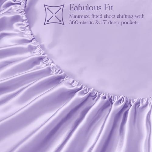 Image of Homiest Lavender Queen Ruffle Pillowcase & Satin Fitted Sheet Set 3Pcs | Silky Satin Protects Hair And Skin, 15-Inch Deep Pocket, Pearlescent Dreamy Soothing Hue, Easy Machine Wash Care