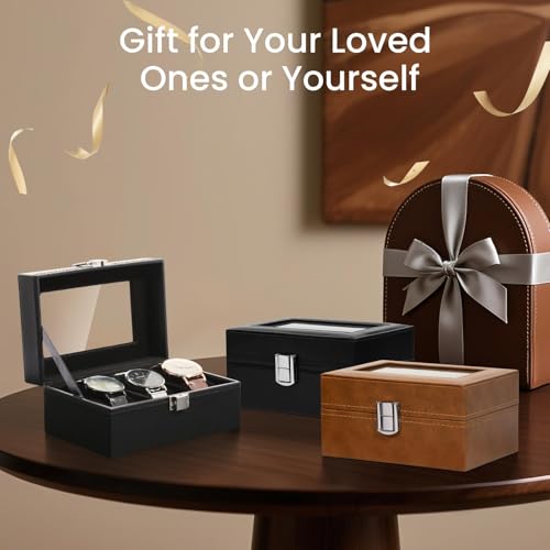 Image of Uten 3-Slot Watch Box, PU Leather Watch Case with Glass Lid, Watch Holder Organizer with Soft Pillow and Velvet Lining, Watch and Jewelry Storage Box, Black