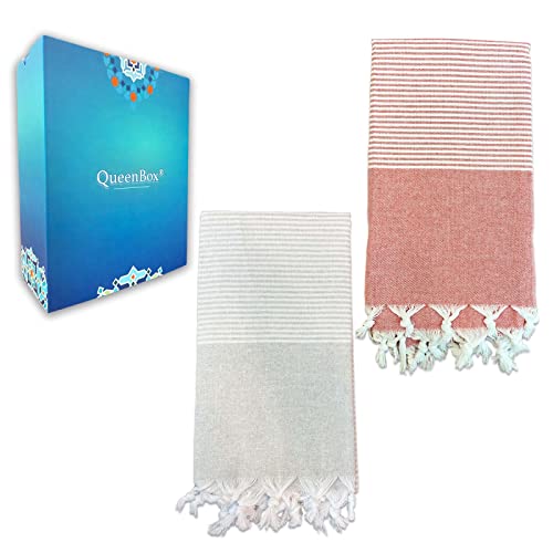 QueenBox Hamamtuch Set 1x Grau & 1x Rot 100% Baumwolle Größe 170x95cm | Saunatuch | Hamamtuch | Peshtemal | Badetuch| Strandlaken| Badetuch | Picknickdecke | Yoga Decke | extra leicht | Geschenkset Cover