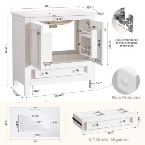 Image of Tribesigns 30 inch Bathroom Vanity with Sink, Freestanding Bathroom Vanities Cabinet with Ceramic Basin Combo, Bathroom Sink Cabinet with 2 Doors and 1 Drawer, Solid Wooden Frame (White, 30 INCH)