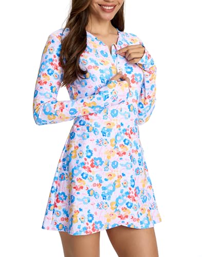 Cagola Long Sleeve Swimsuits for Women UPF 50+ Swim Dress Swimwear One Piece Bathing Suit with Skirts Rash Guard Over 50 Printed Floral L