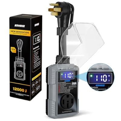 Kohree RV Surge Protector 50 Amp with High/Low Voltage Protection, 12000 Joules 50 Amp RV Surge Protector Waterproof, Smart Circuit Analyzer w/LED Display for RV Camper, Gray