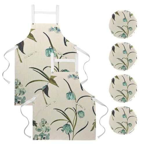 Lot de 2 tabliers de cuisine à motif fleur avec feuille taille unique