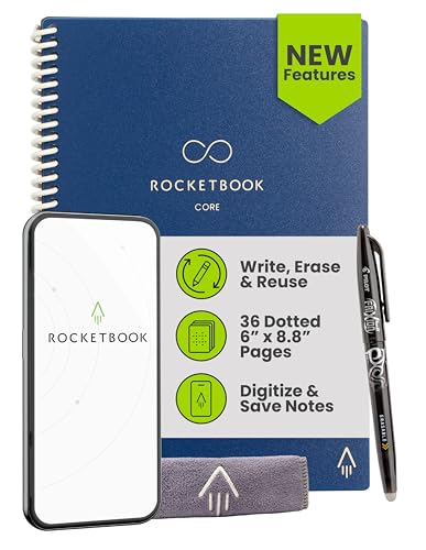 Rocketbook New Core wiederverwendbares Spiralnotizbuch, Executive-Größe 15,2 x 22,4 cm, Marineblau – gepunktete Seiten, App-verbunden, löschbar, robuster Einband, ideal für Schule, Arbeit und kreative