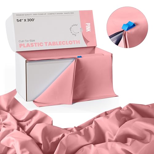 Image of Exquisite Party Solids 54 Inch X 300 Feet Pink Plastic Table Cover Roll in A Cut - to - Size Box with Convenient Slide Cutter. Cuts Up to 36 Rectangle 8 Feet Plastic Disposable Tablecloths