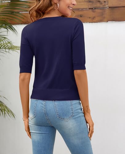 Image of Women Summer Knit Shirt Blouse V Neck Short Sleeve Pullover Sweater Tops