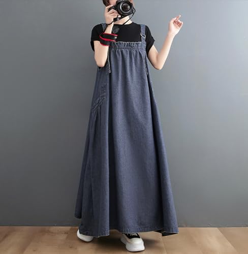 Image of Women's Casual Loose Denim Dress Sleeveless Adjustable Straps Denim Jumper Dress with Pockets