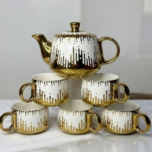 Image of DMRD Porcelain Tea Set with Kettle |Tea Cup Set 7Pc | Aesthetic and Classic Cups Set | Premium Crockery for Home & Gifting with Golden Color Geometric Pattern Design. (Golden Drop Strip)